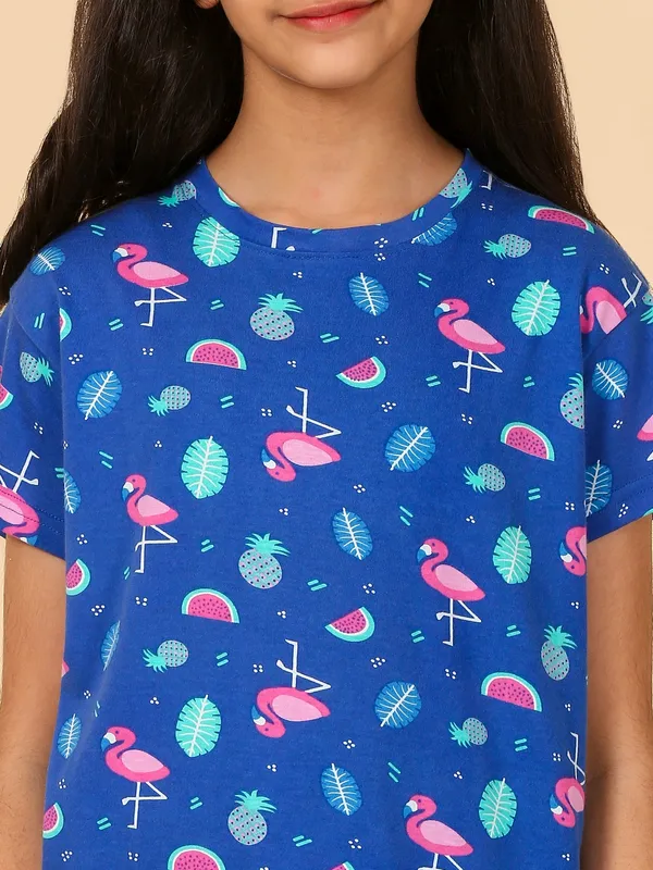Cotton_Knit_Half_Sleeves_Night_Suit_With_Flamingo_Print-Royal_Blue