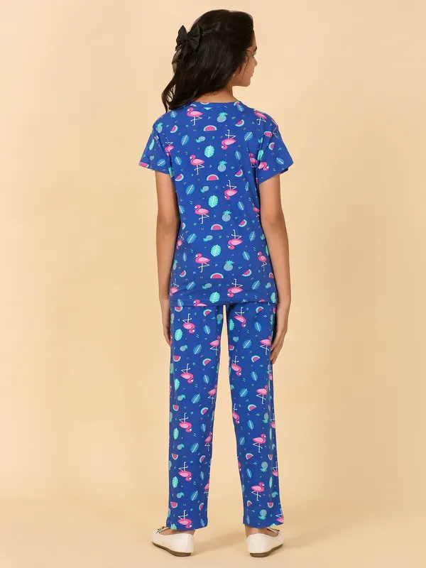 Cotton_Knit_Half_Sleeves_Night_Suit_With_Flamingo_Print-Royal_Blue