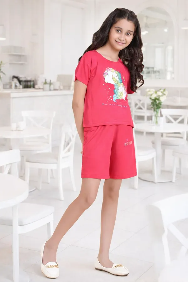 2_Unicorns_Print_Coord_Set_With_Top_&_Shorts_-Dark_Pink_for_Girls