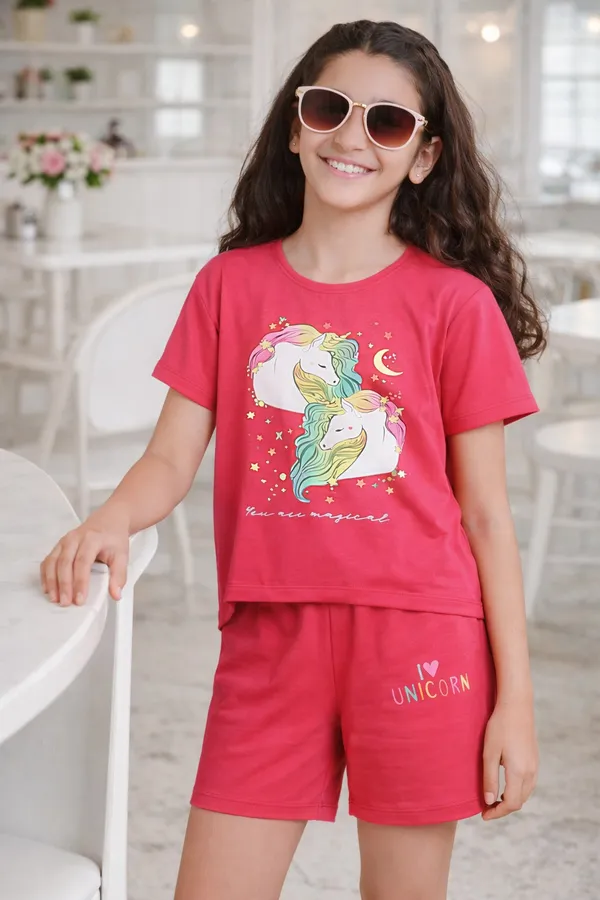 2_Unicorns_Print_Coord_Set_With_Top_&_Shorts_-Dark_Pink_for_Girls