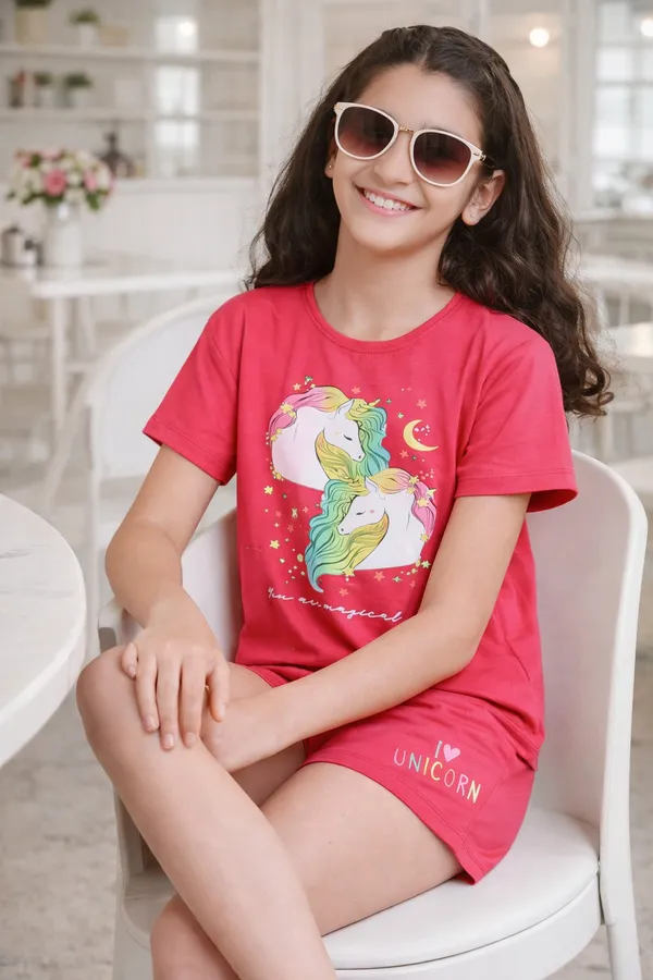 2_Unicorns_Print_Coord_Set_With_Top_&_Shorts_-Dark_Pink_for_Girls
