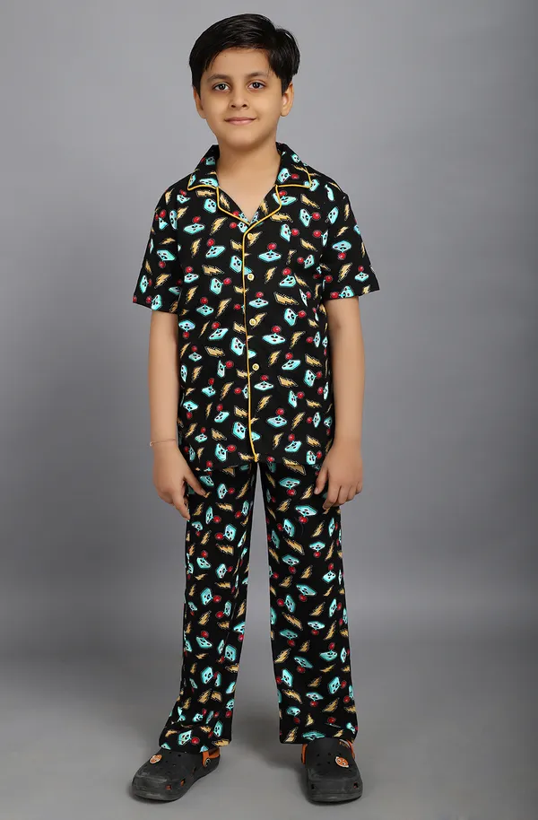 100%_Cotton_Knit_Half_Sleeves_Video_Game_Console_Print_Night_Suit-Black