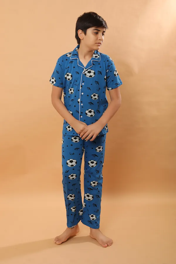 Football_Print_100_%_Cotton_Knit_Half_Sleeves_Night_Suit_With_Shirt_&_Pajama-Blue_for_Boys
