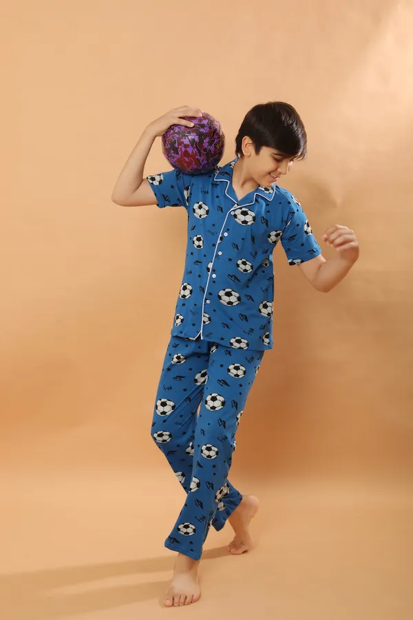 Football_Print_100_%_Cotton_Knit_Half_Sleeves_Night_Suit_With_Shirt_&_Pajama-Blue_for_Boys