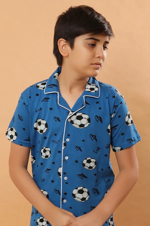 Football_Print_100_%_Cotton_Knit_Half_Sleeves_Night_Suit_With_Shirt_&_Pajama-Blue_for_Boys