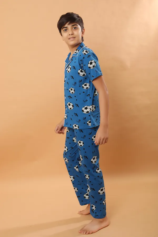 Football_Print_100_%_Cotton_Knit_Half_Sleeves_Night_Suit_With_Shirt_&_Pajama-Blue_for_Boys
