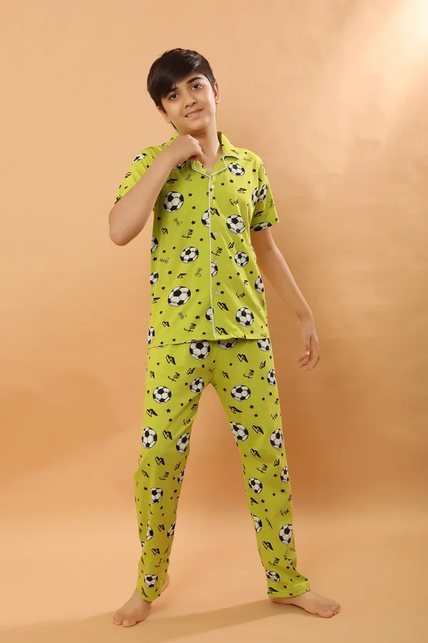 Football_Print_100_%_Cotton_Knit_Half_Sleeves_Night_Suit_With_Shirt_&_Pajama-Green_for_Boys