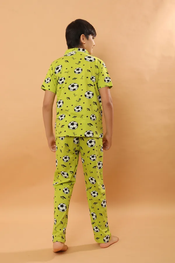 Football_Print_100_%_Cotton_Knit_Half_Sleeves_Night_Suit_With_Shirt_&_Pajama-Green_for_Boys