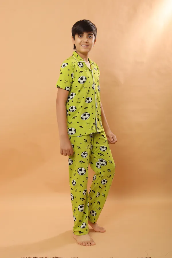 Football_Print_100_%_Cotton_Knit_Half_Sleeves_Night_Suit_With_Shirt_&_Pajama-Green_for_Boys