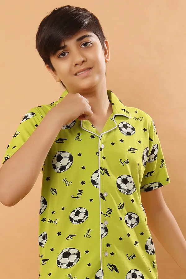 Football_Print_100_%_Cotton_Knit_Half_Sleeves_Night_Suit_With_Shirt_&_Pajama-Green_for_Boys