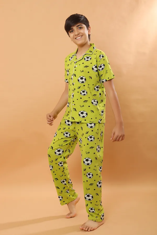 Football_Print_100_%_Cotton_Knit_Half_Sleeves_Night_Suit_With_Shirt_&_Pajama-Green_for_Boys