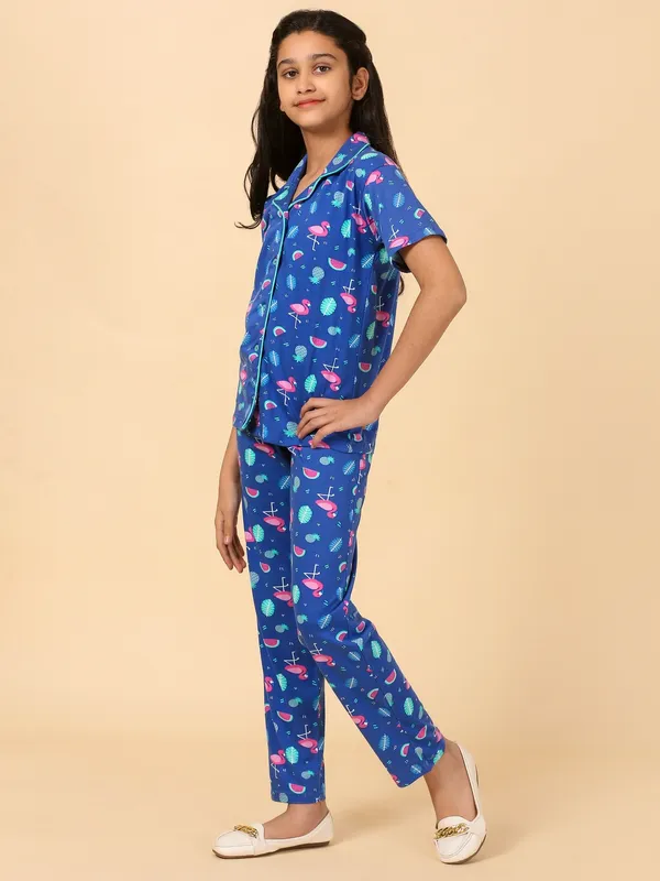 Cotton_Knit_Half_Sleeves_Night_Suit_With_Flamingo_Print-Royal_Blue
