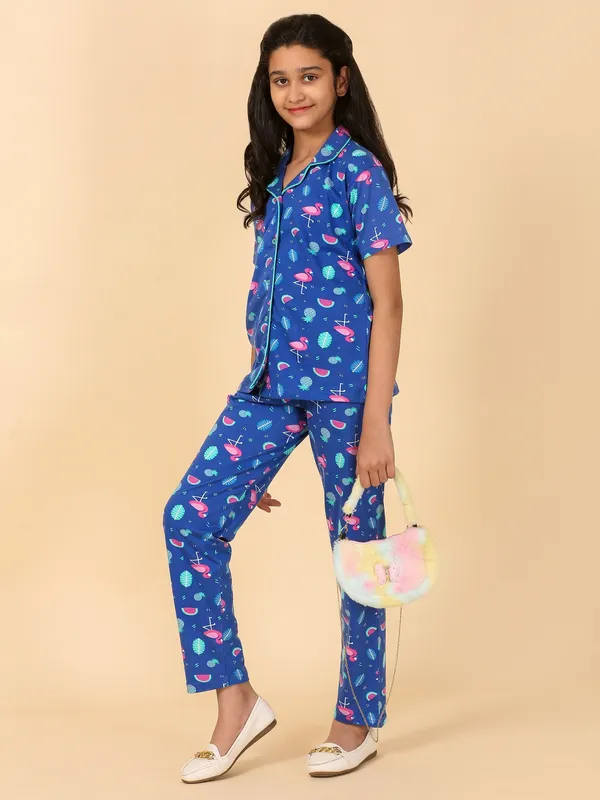 Cotton_Knit_Half_Sleeves_Night_Suit_With_Flamingo_Print-Royal_Blue