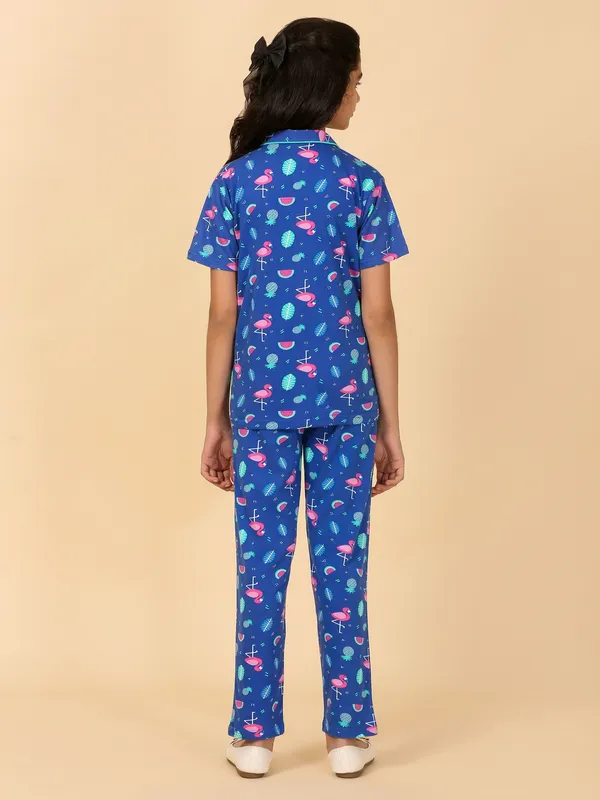 Cotton_Knit_Half_Sleeves_Night_Suit_With_Flamingo_Print-Royal_Blue