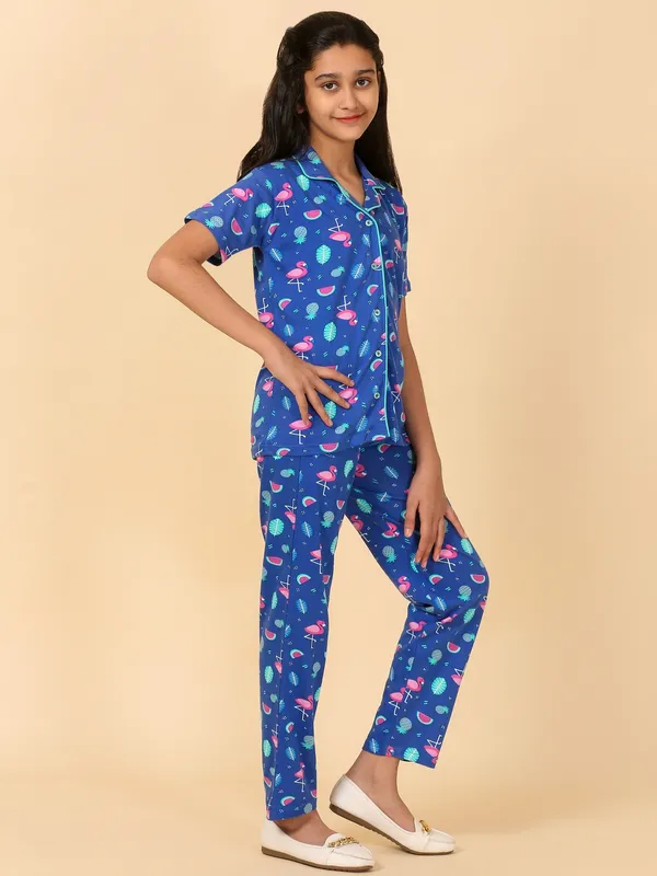 Cotton_Knit_Half_Sleeves_Night_Suit_With_Flamingo_Print-Royal_Blue