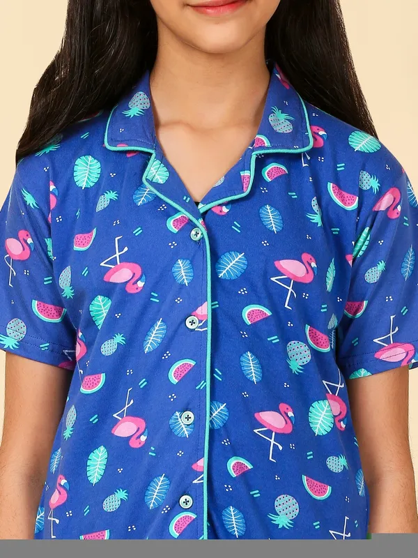 Cotton_Knit_Half_Sleeves_Night_Suit_With_Flamingo_Print-Royal_Blue