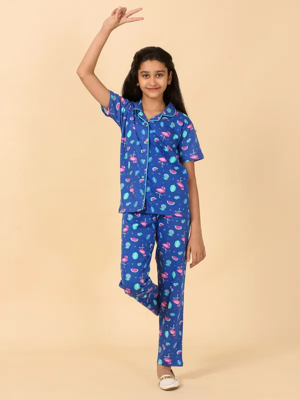 Cotton_Knit_Half_Sleeves_Night_Suit_With_Flamingo_Print-Royal_Blue