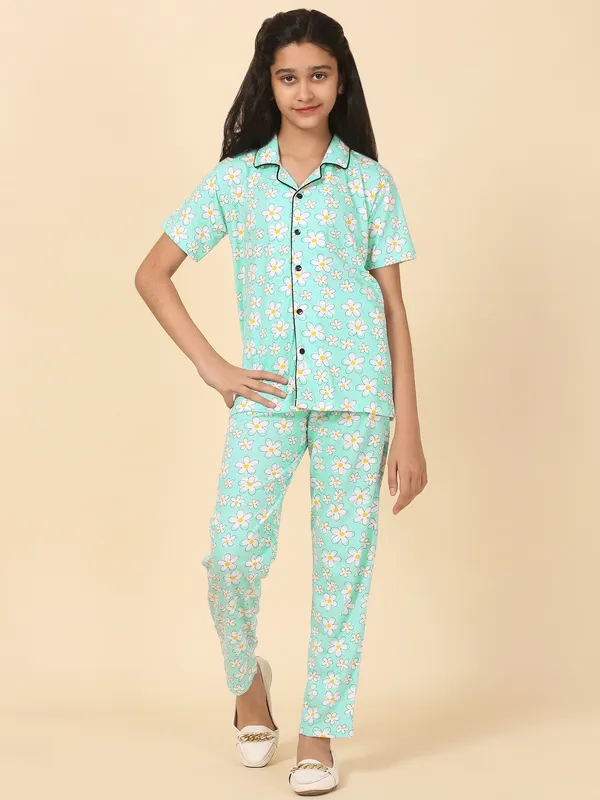 Cotton_Knit_Half_Sleeves_Floral_Print_Night_Suit_-Seagreen