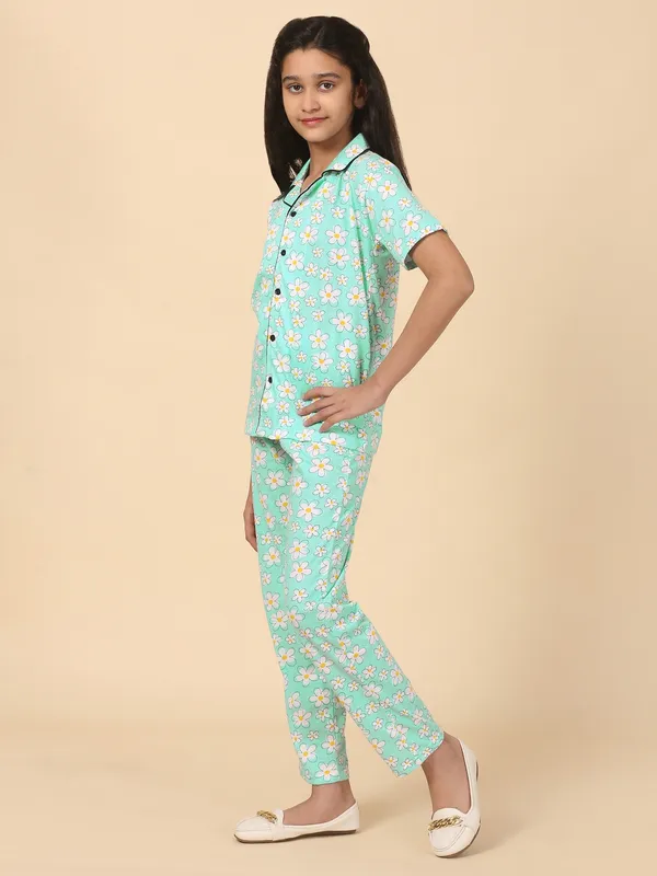 Cotton_Knit_Half_Sleeves_Floral_Print_Night_Suit_-Seagreen