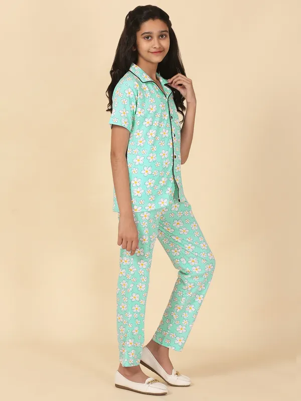 Cotton_Knit_Half_Sleeves_Floral_Print_Night_Suit_-Seagreen