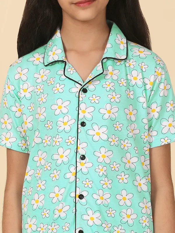 Cotton_Knit_Half_Sleeves_Floral_Print_Night_Suit_-Seagreen