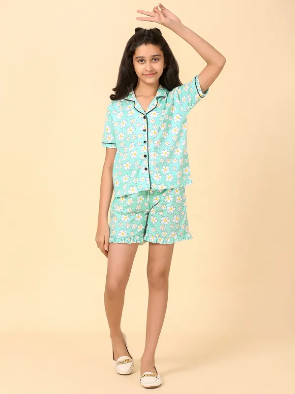 Cotton_Knit_Half_Sleeves_Night_Suit_With_Floral_Print-Sea_Green