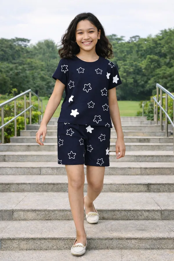 Cotton_Knit_Half_Sleeves_T_Shirt_&_Shorts_Set_With_Star_Print-Navy_Blue