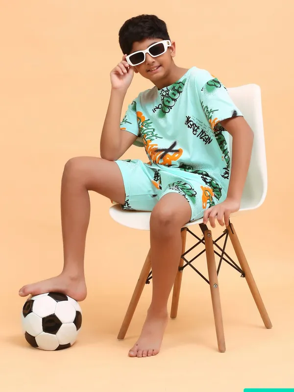 Graffiti_Print_Coord_Set_With_T-Shirt_&_Shorts-Sea_Green_for_Boys
