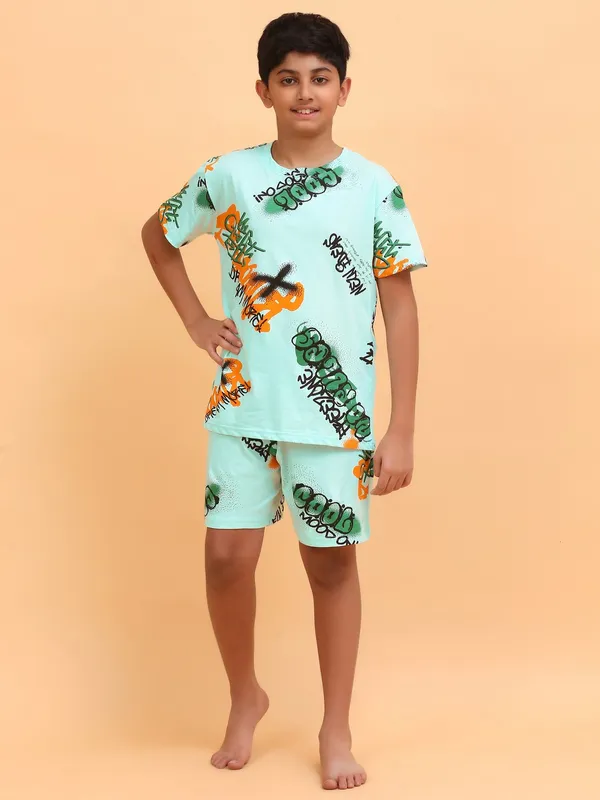 Graffiti_Print_Coord_Set_With_T-Shirt_&_Shorts-Sea_Green_for_Boys