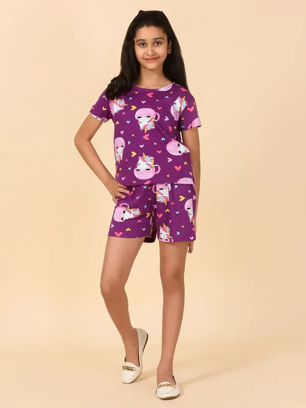 Cotton_Knit_Half_Sleeves_T_Shirt_&_Shorts_Set_With_Cup_Unicorn_Print-Wine