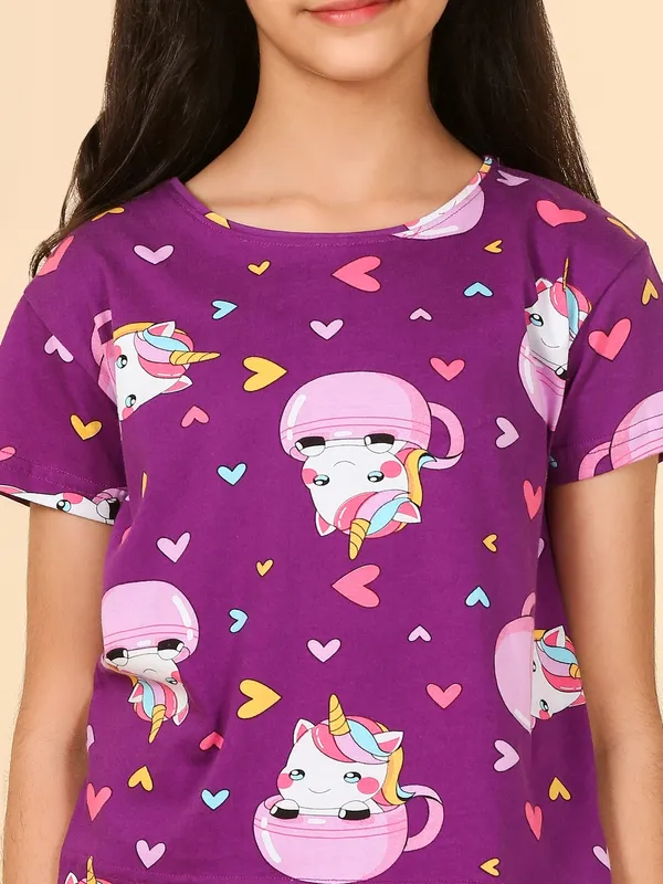 Cotton_Knit_Half_Sleeves_T_Shirt_&_Shorts_Set_With_Cup_Unicorn_Print-Wine