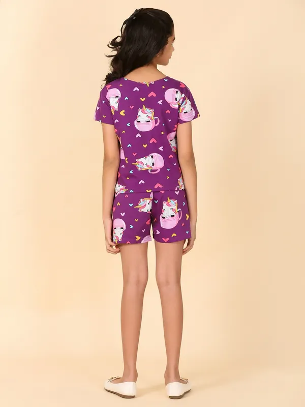Cotton_Knit_Half_Sleeves_T_Shirt_&_Shorts_Set_With_Cup_Unicorn_Print-Wine