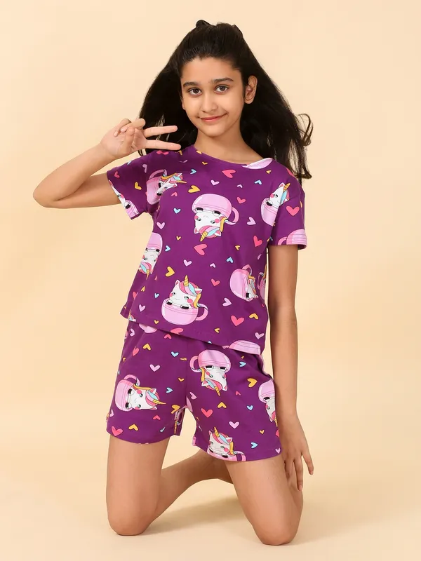 Cotton_Knit_Half_Sleeves_T_Shirt_&_Shorts_Set_With_Cup_Unicorn_Print-Wine