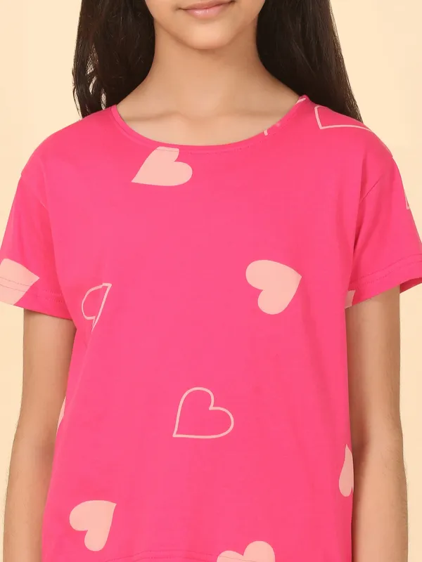 Cotton_Knit_Half_Sleeves_Heart_Print_Shirt_&_Shorts_Set_-_Dark_Pink