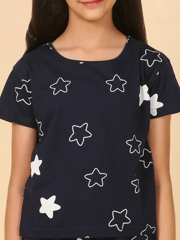 Cotton_Knit_Half_Sleeves_T_Shirt_&_Shorts_Set_With_Star_Print-Navy_Blue