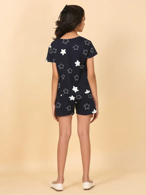 Cotton_Knit_Half_Sleeves_T_Shirt_&_Shorts_Set_With_Star_Print-Navy_Blue