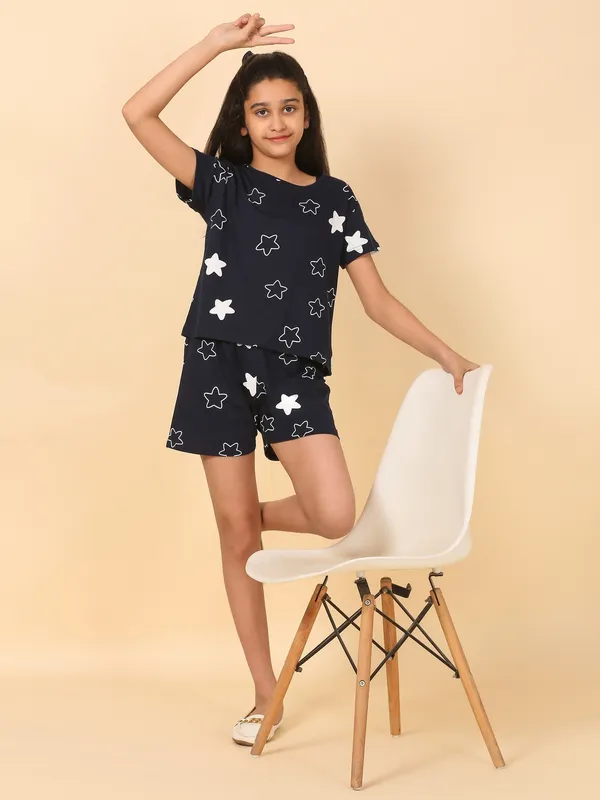 Cotton_Knit_Half_Sleeves_T_Shirt_&_Shorts_Set_With_Star_Print-Navy_Blue