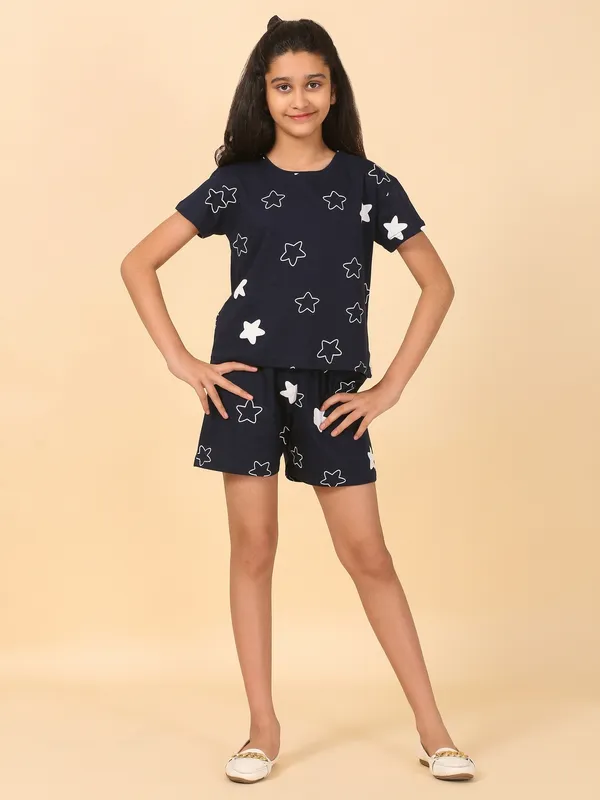 Cotton_Knit_Half_Sleeves_T_Shirt_&_Shorts_Set_With_Star_Print-Navy_Blue