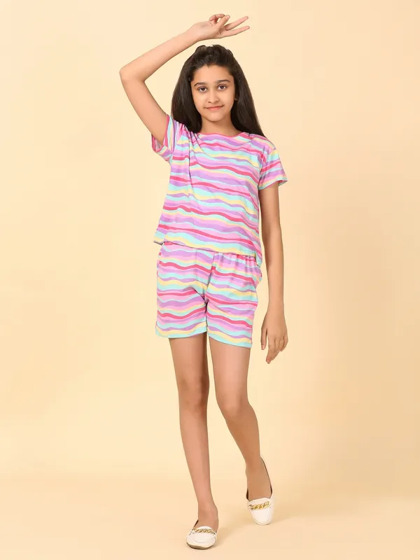 Cotton_Knit_Half_Sleeves_Tshirt_&_Shorts_Set_With_Stripes_Print-Multicolor