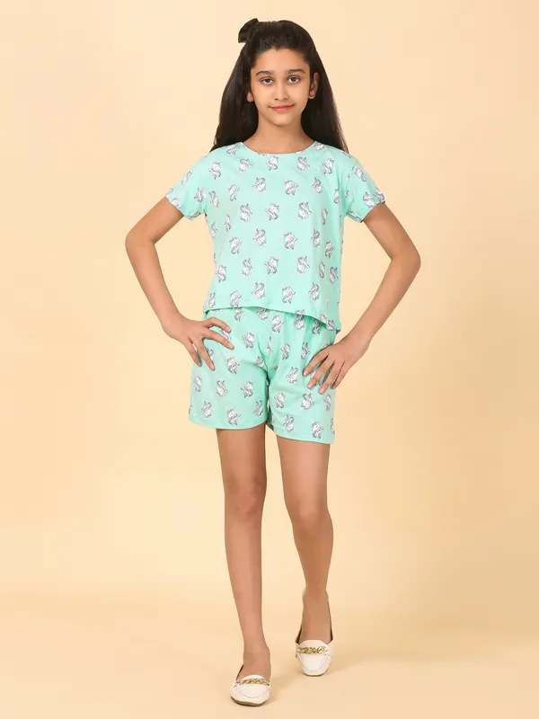 Cotton_Knit_Half_Sleeves_T_Shirt_&_Shorts_Set_With_Unicorn_Print-Sea_Green