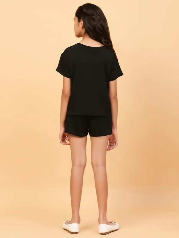 Cotton_Knit_Half_Sleeves_Good_Vibes_Text_Print_Tshirt_&_Shorts-Black