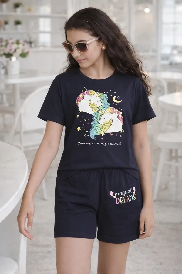 2_Unicorns_Print_Coord_Set_With_Top_&_Shorts_-Navy_Blue_for_Girls