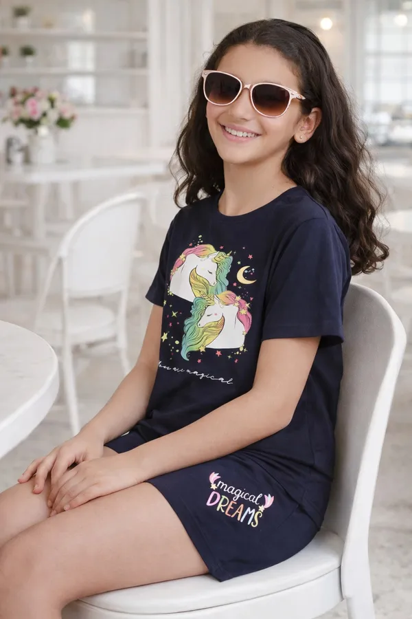 2_Unicorns_Print_Coord_Set_With_Top_&_Shorts_-Navy_Blue_for_Girls