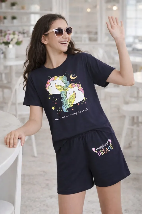 2_Unicorns_Print_Coord_Set_With_Top_&_Shorts_-Navy_Blue_for_Girls