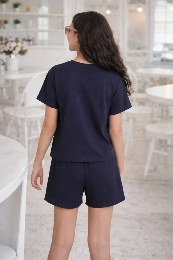 2_Unicorns_Print_Coord_Set_With_Top_&_Shorts_-Navy_Blue_for_Girls