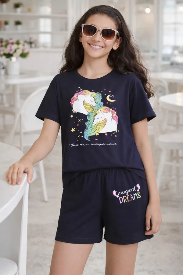 2_Unicorns_Print_Coord_Set_With_Top_&_Shorts_-Navy_Blue_for_Girls
