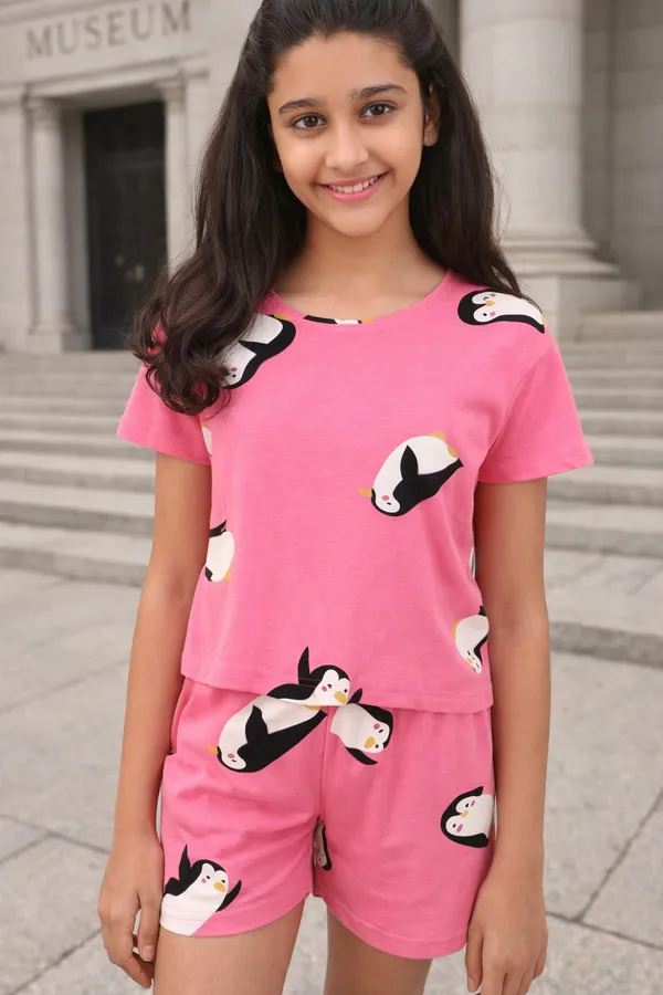 Cotton_Knit_Half_Sleeves_Penguin_Print_Night_Suit_-Pink