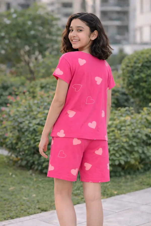 Cotton_Knit_Half_Sleeves_Heart_Print_Shirt_&_Shorts_Set_-_Dark_Pink