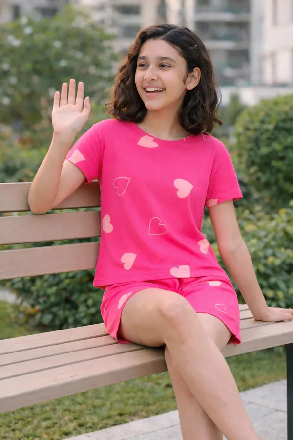 Cotton_Knit_Half_Sleeves_Heart_Print_Shirt_&_Shorts_Set_-_Dark_Pink