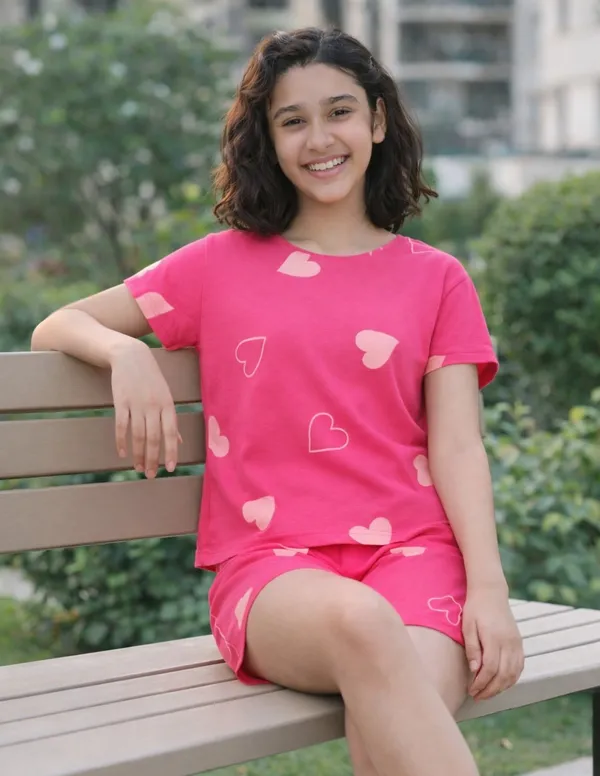 Cotton_Knit_Half_Sleeves_Heart_Print_Shirt_&_Shorts_Set_-_Dark_Pink